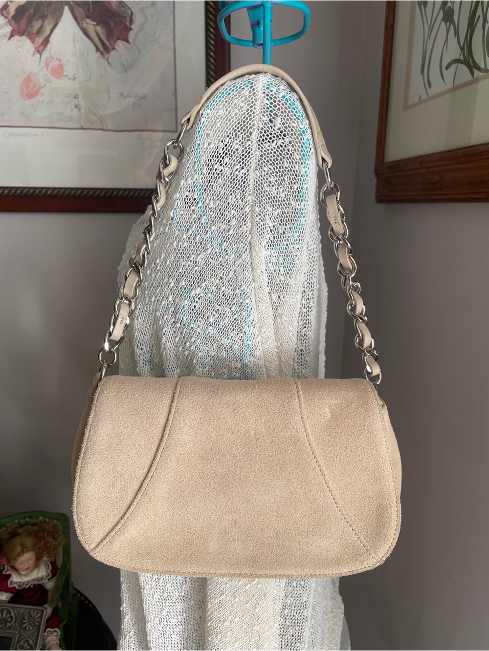 Ann Taylor Loft Handbag Beige Suede Shoulder Bag with Chain Strap - Picture 2 of 15